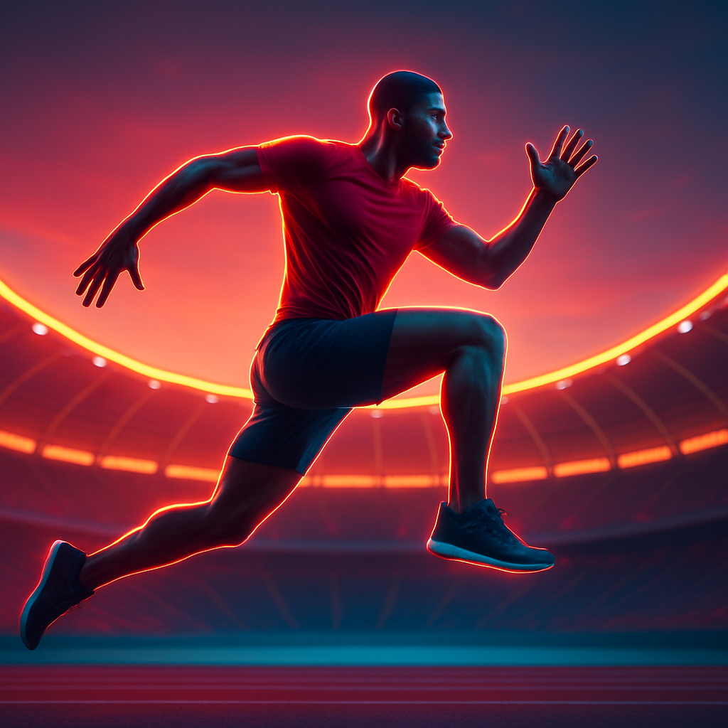 athlete mid-leap with neon stadium lights