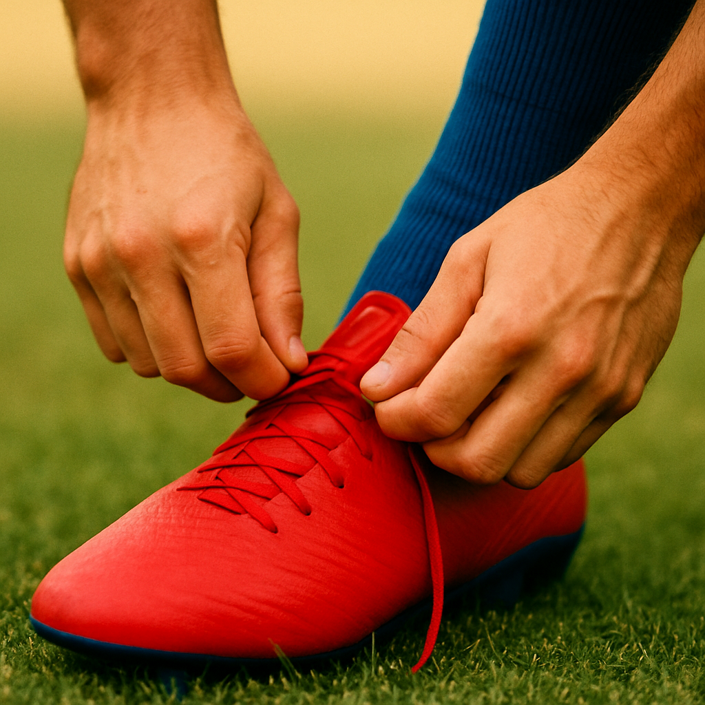 close-up: hands tying cleats, grass blurred